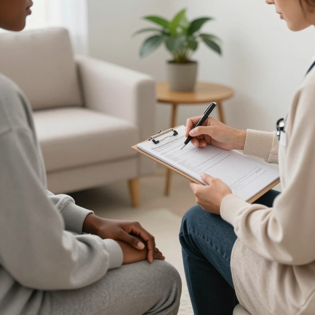 A healthcare professional writes on a clipboard while conducting a consultation with a patient.
