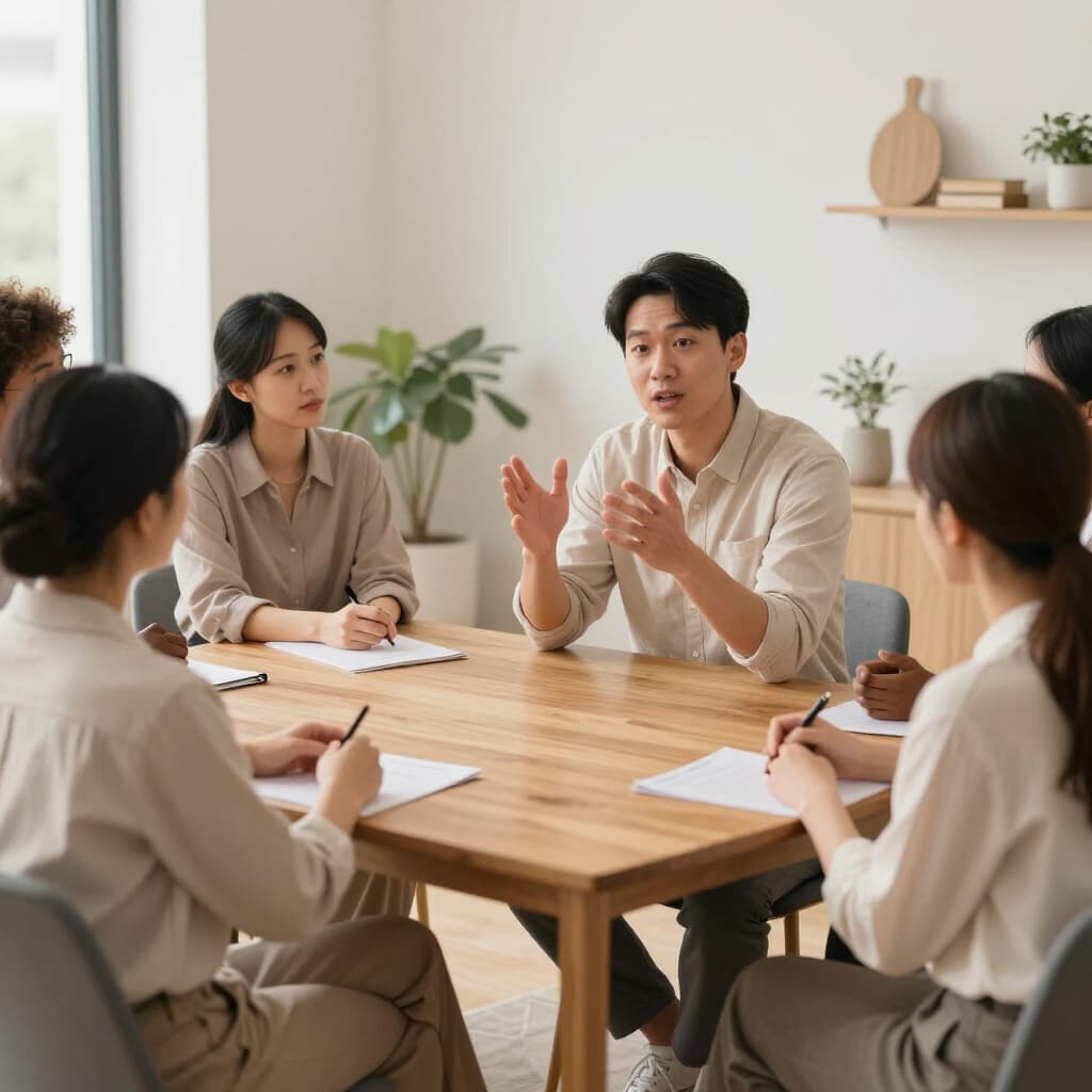 Man gestures while speaking to colleagues sitting around a wooden table in a bright office.